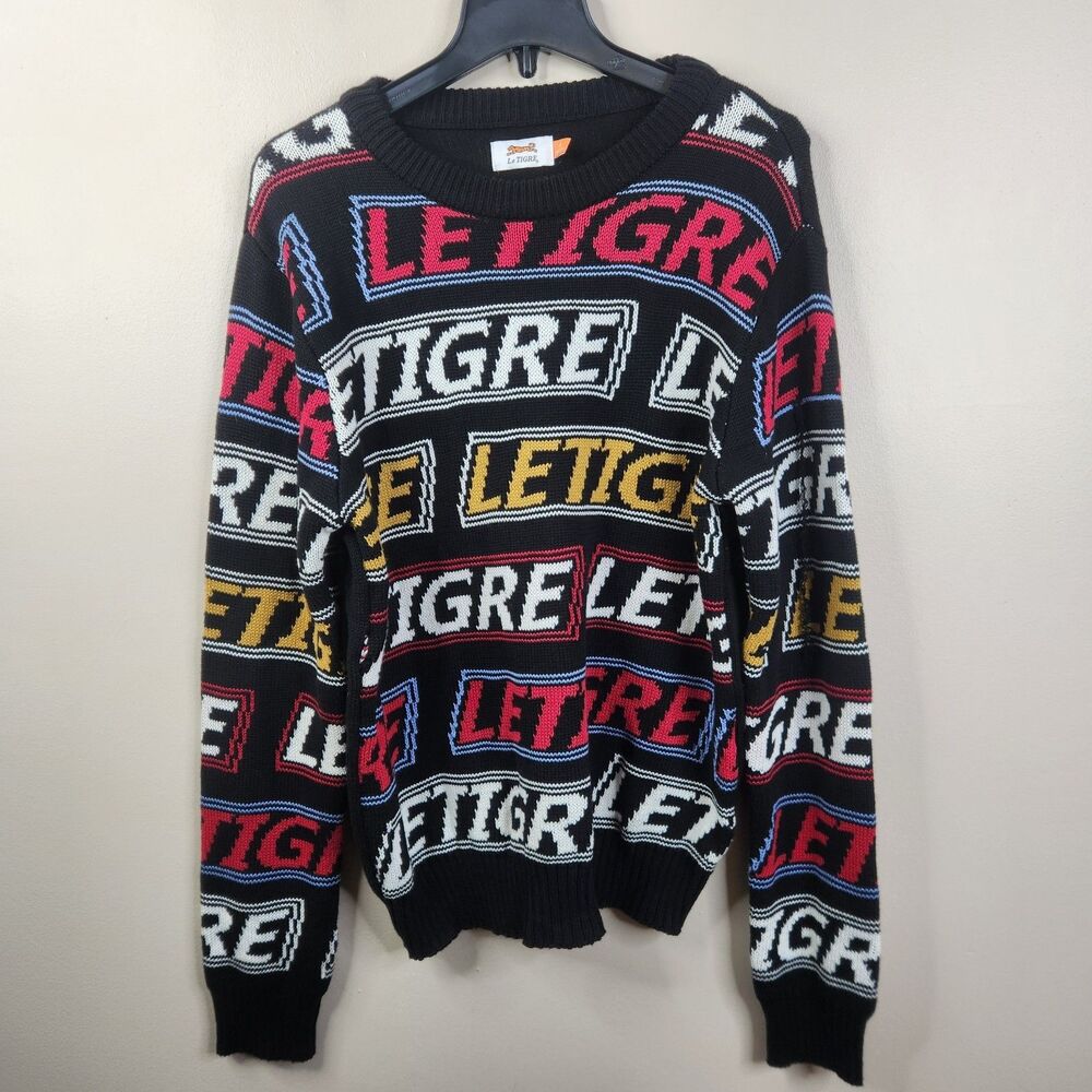 Le Tigre Mens Long Sleeve Crew Neck Spell Out AOP Tight Knit Sweater XL